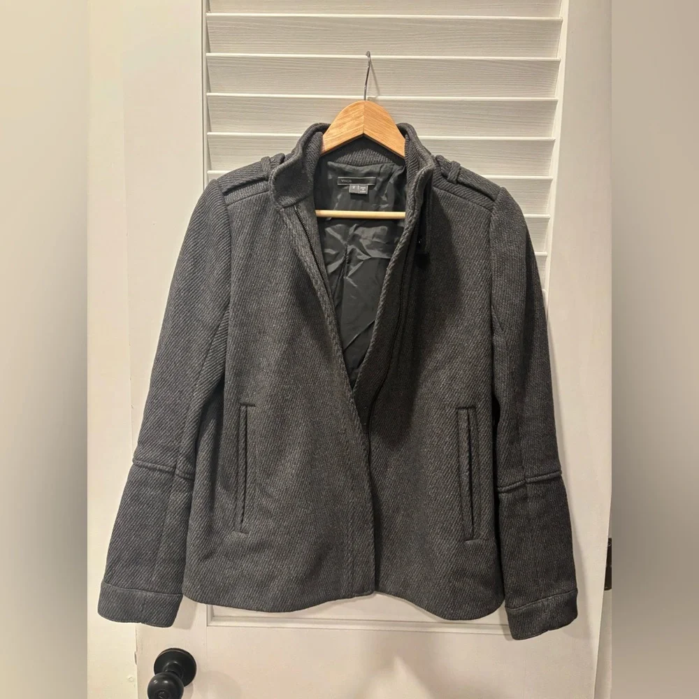 VINCE Gray Wool-Blend Military Style Twill Jacket Pea Coat Zip-Up Size 2